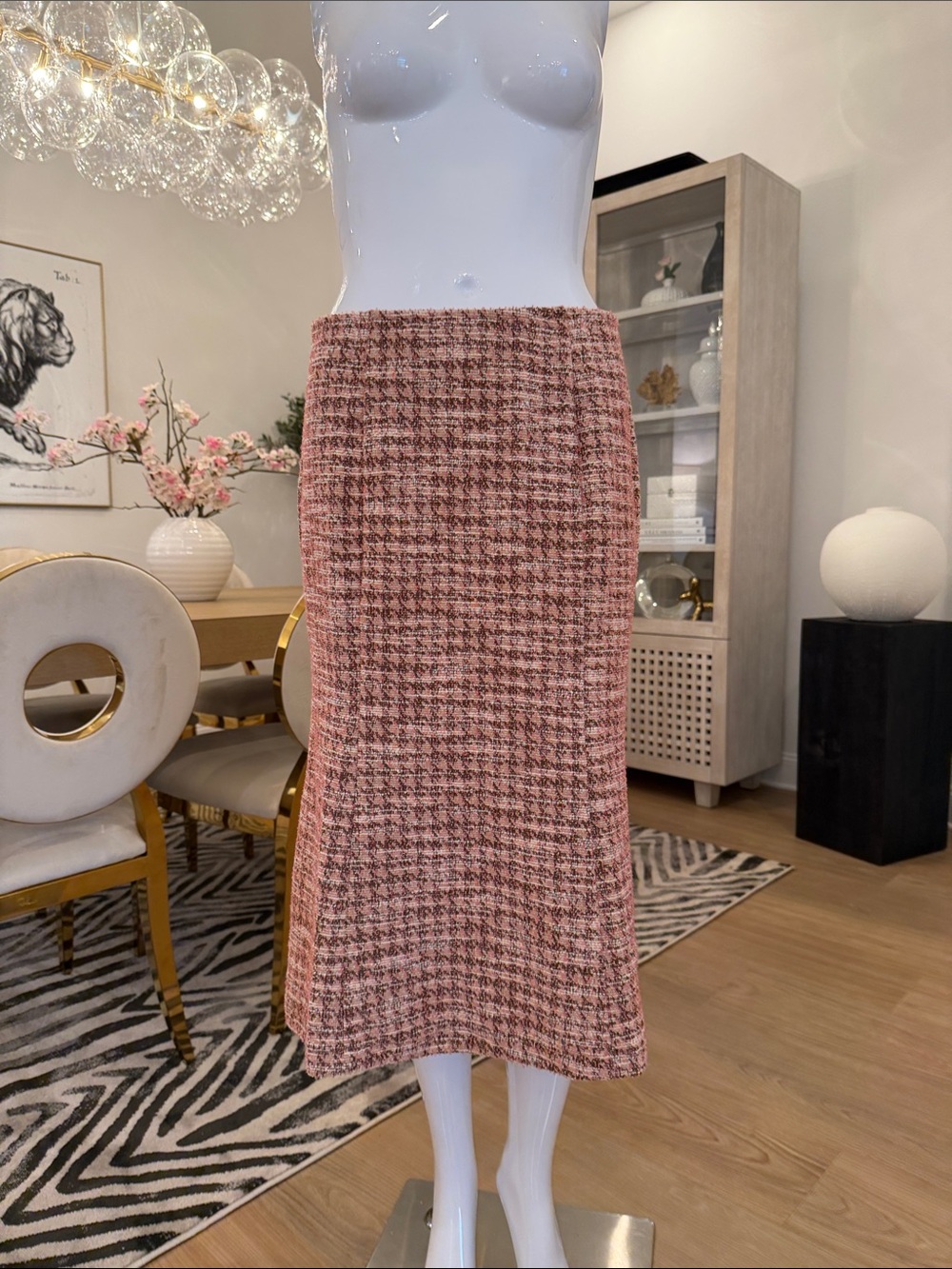 Women's Pink Houndstooth Tweed Midi Skirt